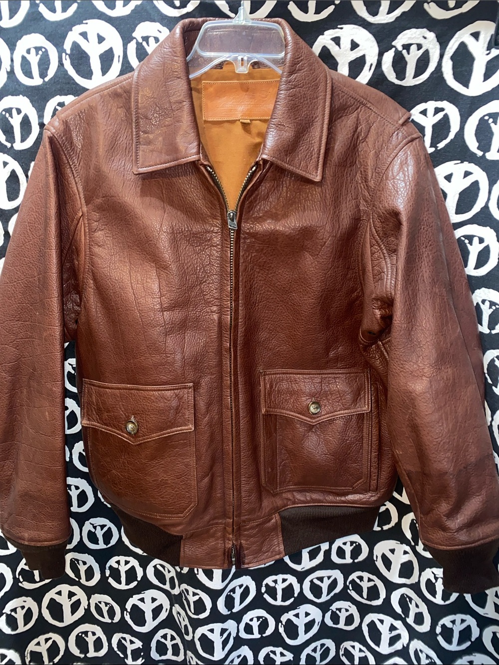 MEN ORVIS 100% BISON LEATHER BOMBER JACKET SZ 42 BROWN